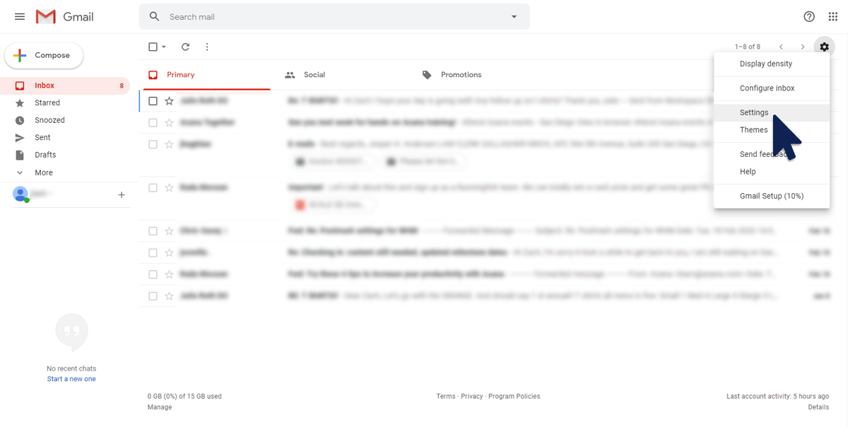 Gmail interface with settings menu open