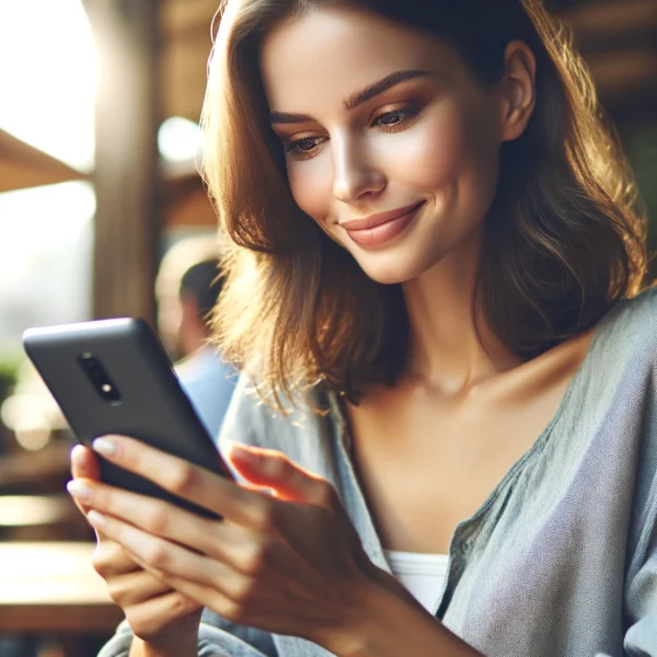 woman using her phone happily