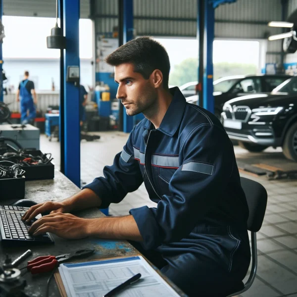 An auto shop owner looking at his computer.