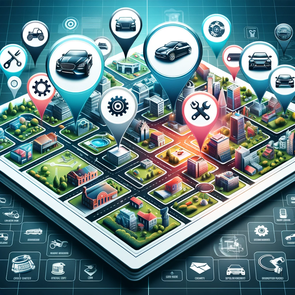digital map showcasing symbols and logos to represent the location of different auto businesses.