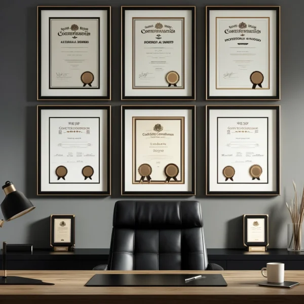 A professional office with awards hanging on the wall behind a desk.