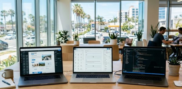 Comparing Wix WordPress and Squarespace on laptops, web design platform decision for San Diego businesses