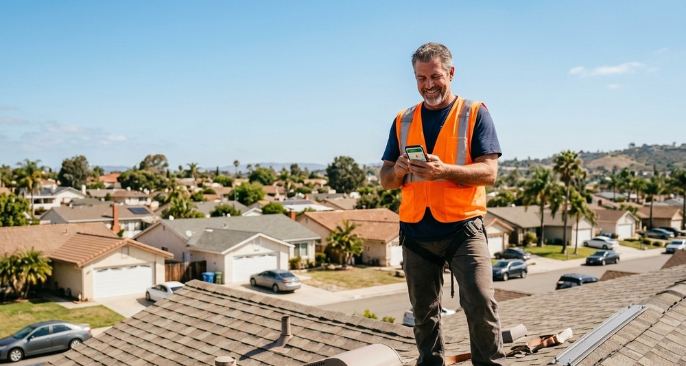 San Diego contractor on rooftop checking Google Maps Local Pack ranking on phone