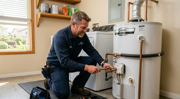 San Diego plumber checking water heater, local SEO and Google Maps ranking for plumbing companies