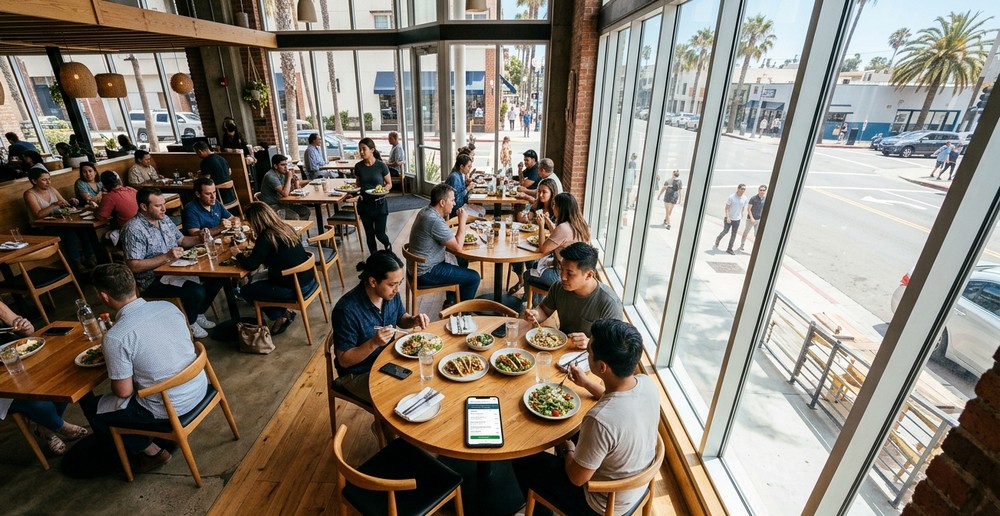 San Diego restaurant interior with direct online ordering website on mobile, web design for restaurants