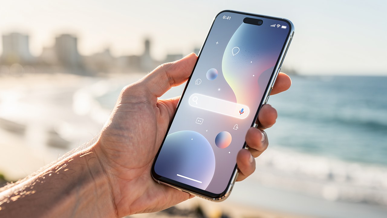 Hand holding a smartphone showing an AI search answer over a San Diego skyline