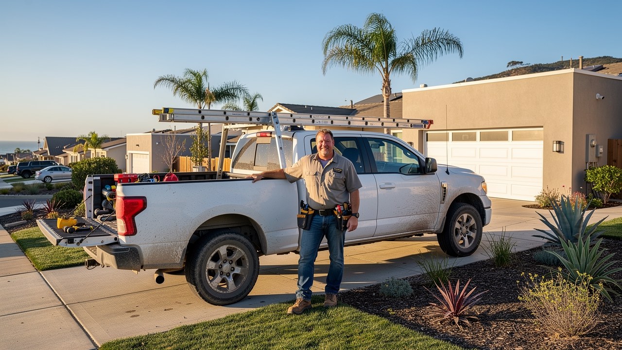Contractor beside a pickup truck outside a Carlsbad North County home