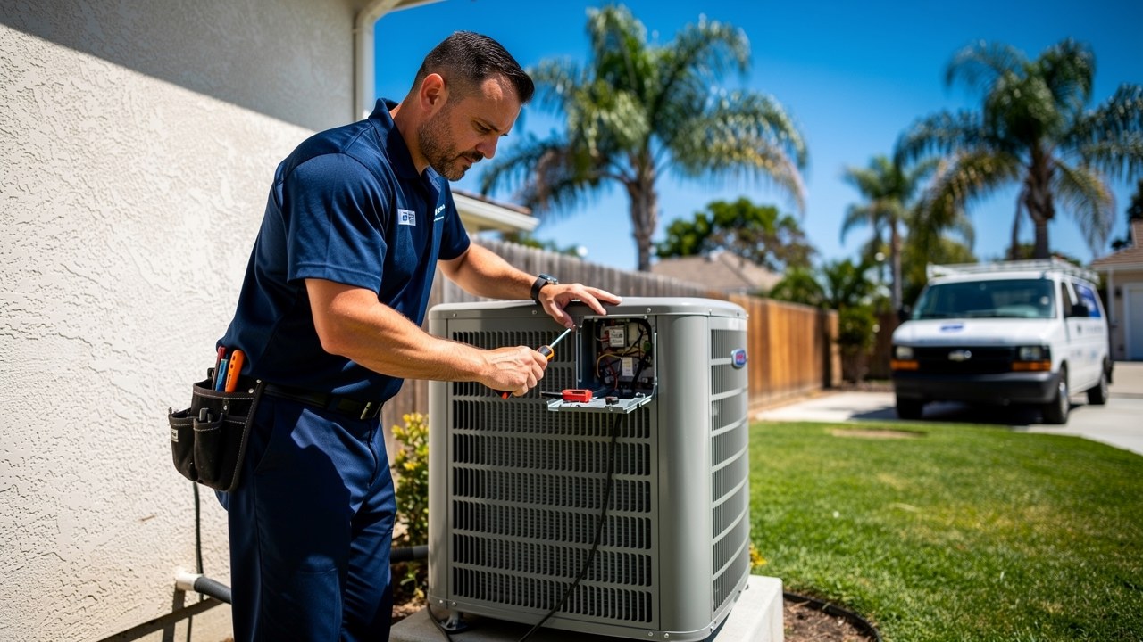 HVAC technician servicing an outdoor AC unit at a San Diego home in summer