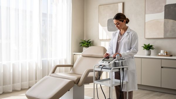 Aesthetic clinician preparing a treatment room in a calm San Diego med spa