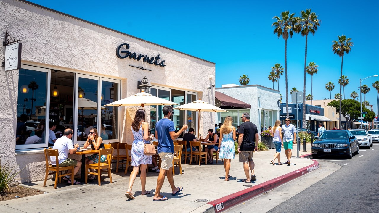 Sunny Pacific Beach restaurant with sidewalk tables and summer beach crowd