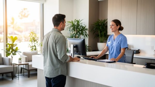 Dentist greeting a patient in a bright modern San Diego dental office reception