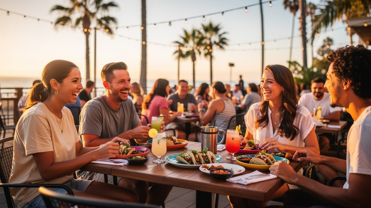 San Diego restaurant patio full of summer diners at golden hour near the coast