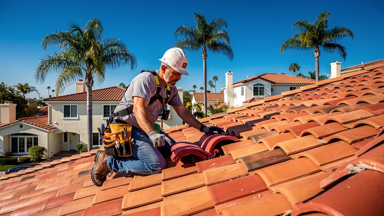 San Diego roofer inspecting a terracotta tile roof under a bright California sky