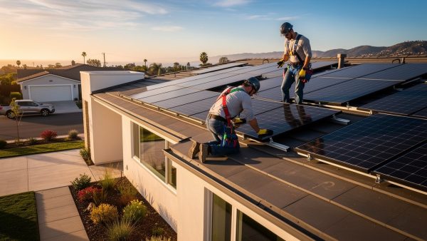 Solar installers mounting panels on a San Diego home roof at golden hour